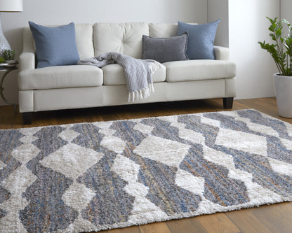 8 x 10 Tan Ivory & Blue Chevron Power Loom Stain Resistant Rug