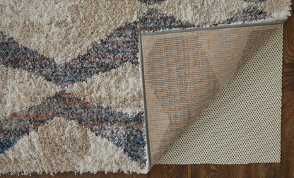 8 x 10 Tan Ivory & Blue Chevron Power Loom Stain Resistant Rug
