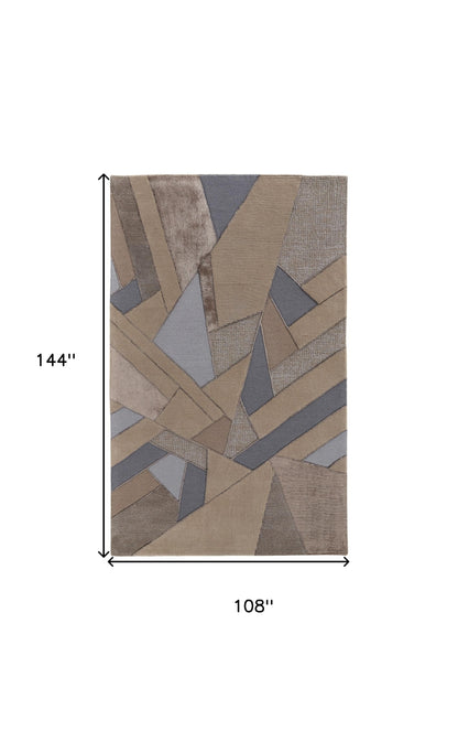 9 x 12 Tan Brown & Blue Wool Geometric Tufted Handmade Rug