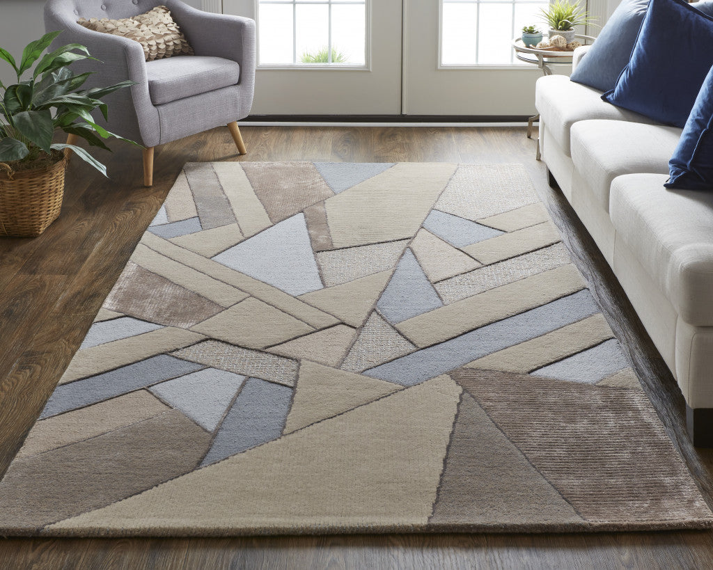 9 x 12 Tan Brown & Blue Wool Geometric Tufted Handmade Rug