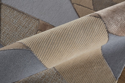 9 x 12 Tan Brown & Blue Wool Geometric Tufted Handmade Rug