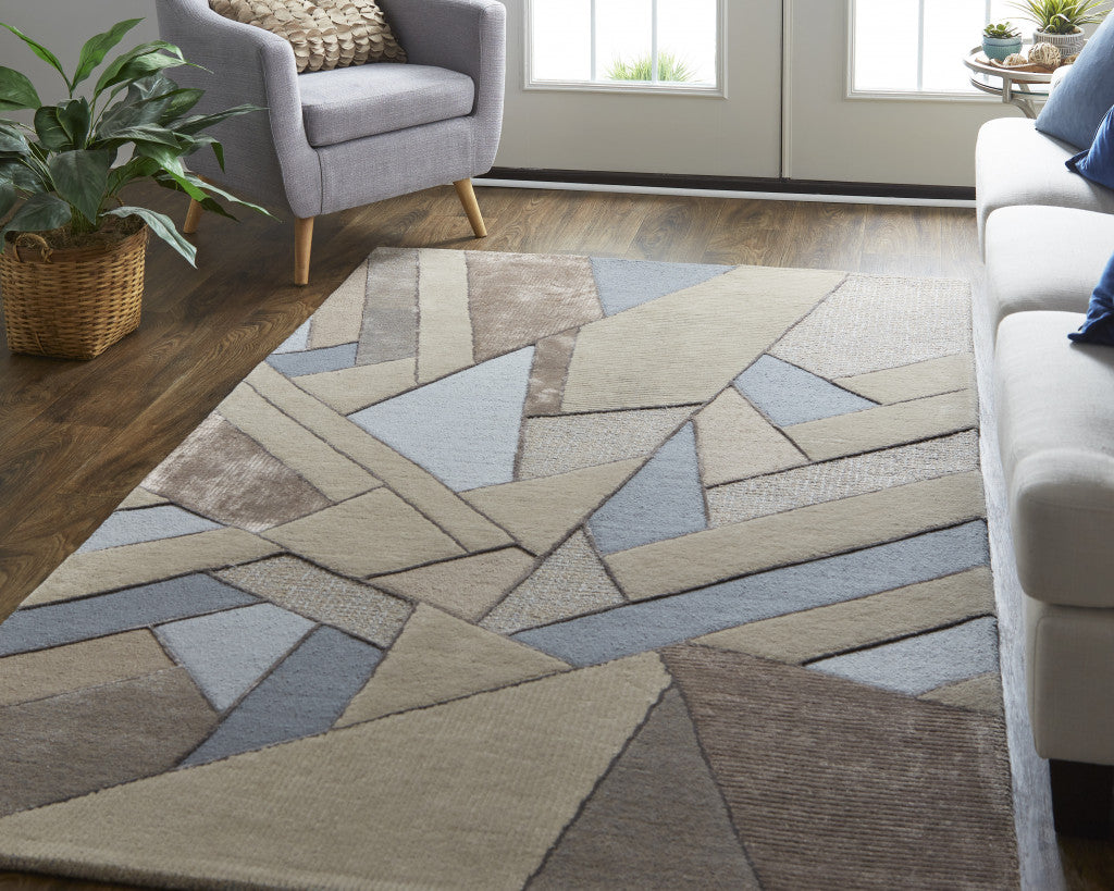 12 x 15 Tan Brown & Blue Wool Geometric Tufted Handmade Rug