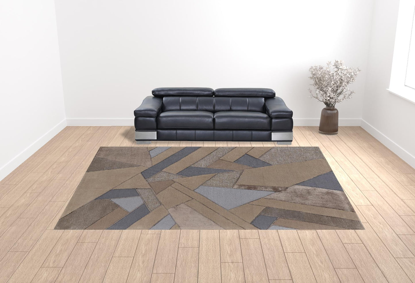 12 x 15 Tan Brown & Blue Wool Geometric Tufted Handmade Rug