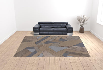 12 x 15 Tan Brown & Blue Wool Geometric Tufted Handmade Rug