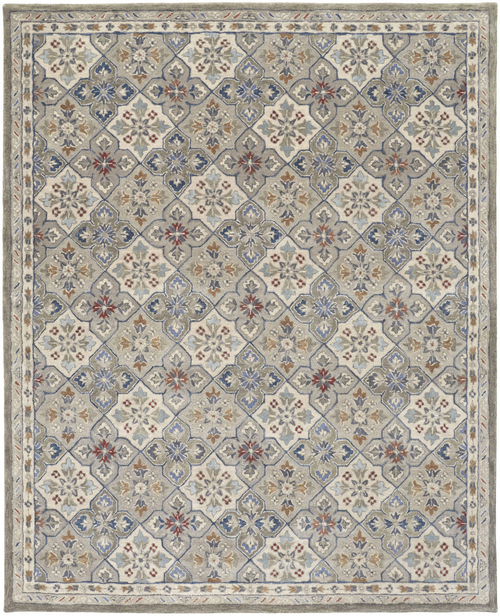 9 x 12 Taupe Ivory & Red Wool Patchwork Tufted Handmade Stain Resistant Rug