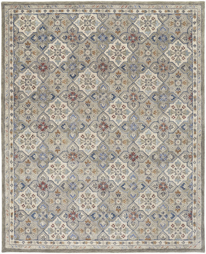 9 x 12 Taupe Ivory & Red Wool Patchwork Tufted Handmade Stain Resistant Rug