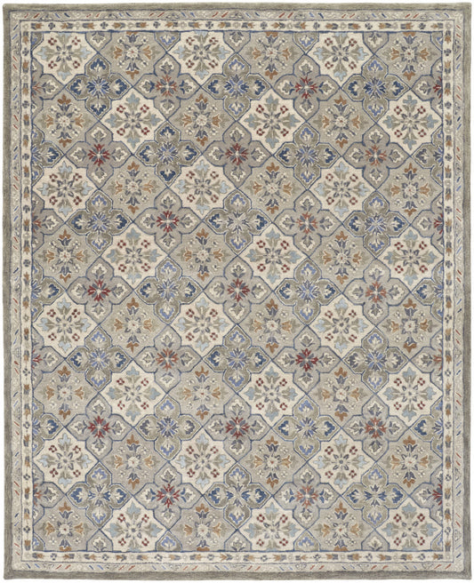 9 x 12 Taupe Ivory & Red Wool Patchwork Tufted Handmade Stain Resistant Rug