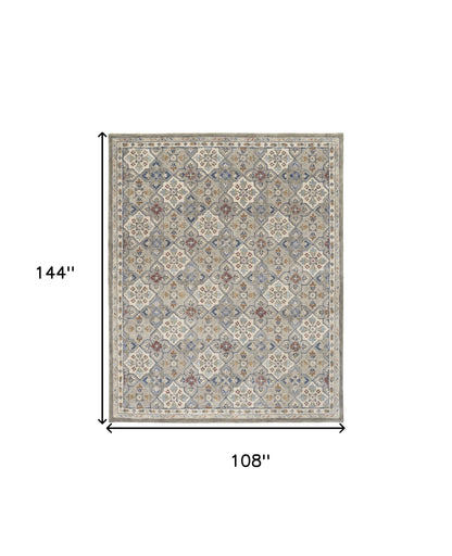 9 x 12 Taupe Ivory & Red Wool Patchwork Tufted Handmade Stain Resistant Rug