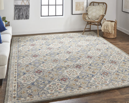 9 x 12 Taupe Ivory & Red Wool Patchwork Tufted Handmade Stain Resistant Rug