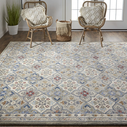 9 x 12 Taupe Ivory & Red Wool Patchwork Tufted Handmade Stain Resistant Rug
