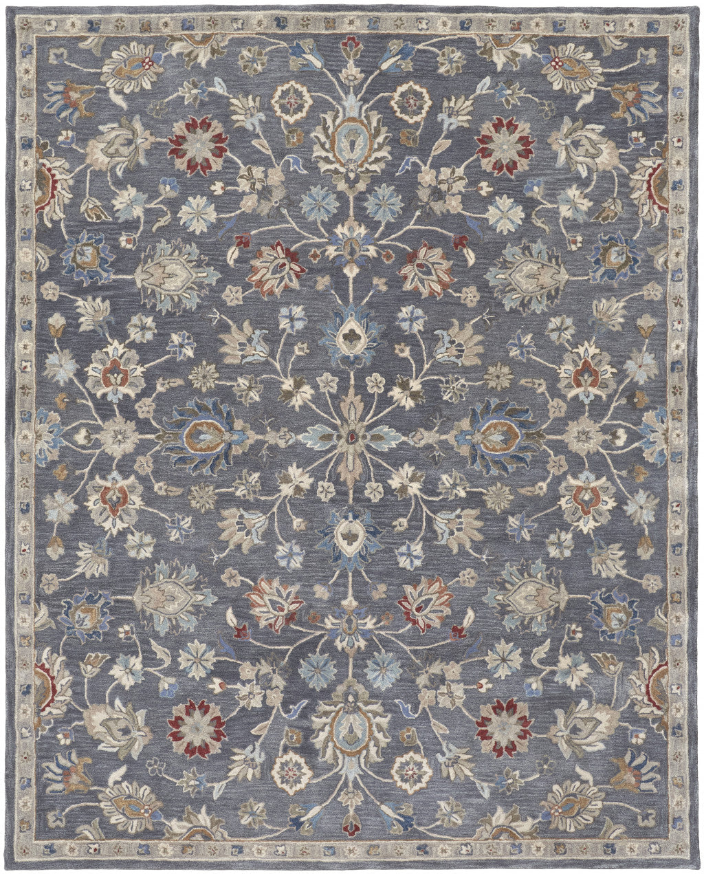 8 x 10 Gray Ivory & Red Wool Floral Tufted Handmade Stain Resistant Rug