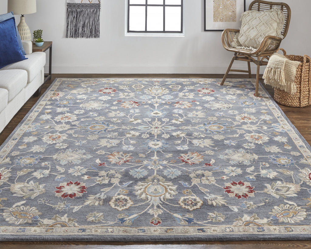8 x 10 Gray Ivory & Red Wool Floral Tufted Handmade Stain Resistant Rug