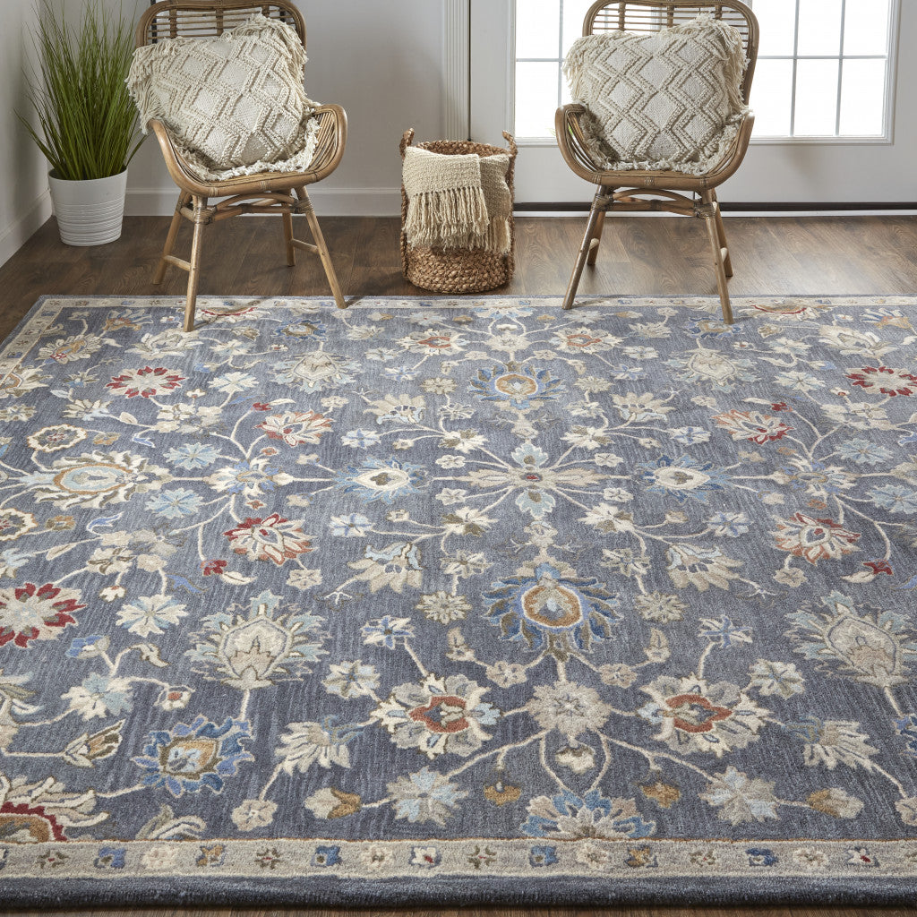 8 x 10 Gray Ivory & Red Wool Floral Tufted Handmade Stain Resistant Rug
