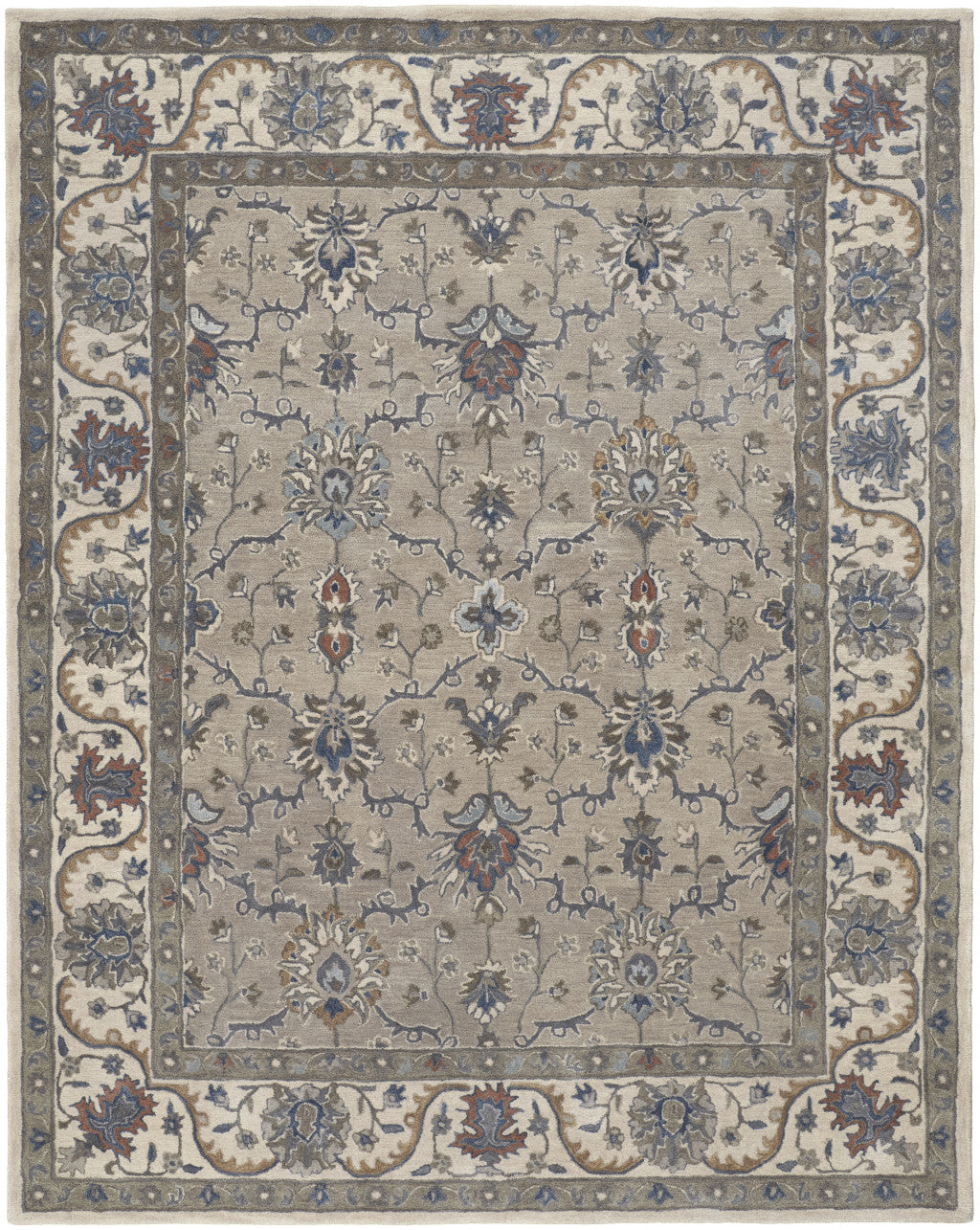 9 x 12 Taupe Ivory & Blue Wool Floral Tufted Handmade Stain Resistant Rug