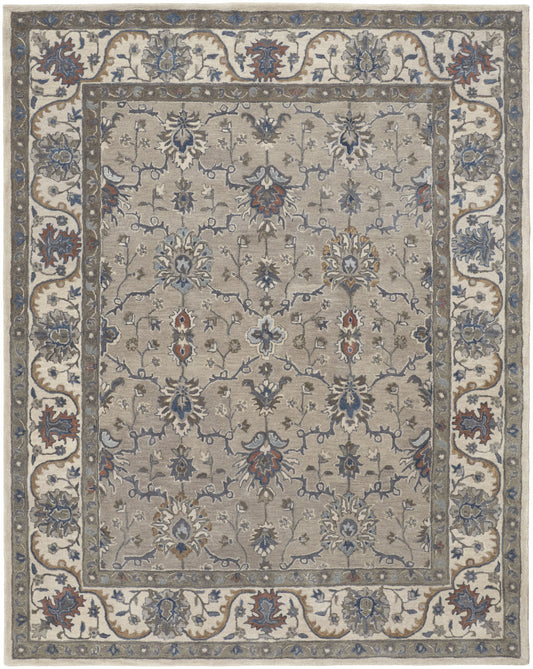 9 x 12 Taupe Ivory & Blue Wool Floral Tufted Handmade Stain Resistant Rug
