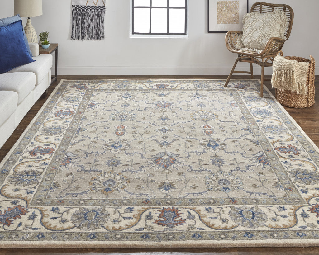 9 x 12 Taupe Ivory & Blue Wool Floral Tufted Handmade Stain Resistant Rug