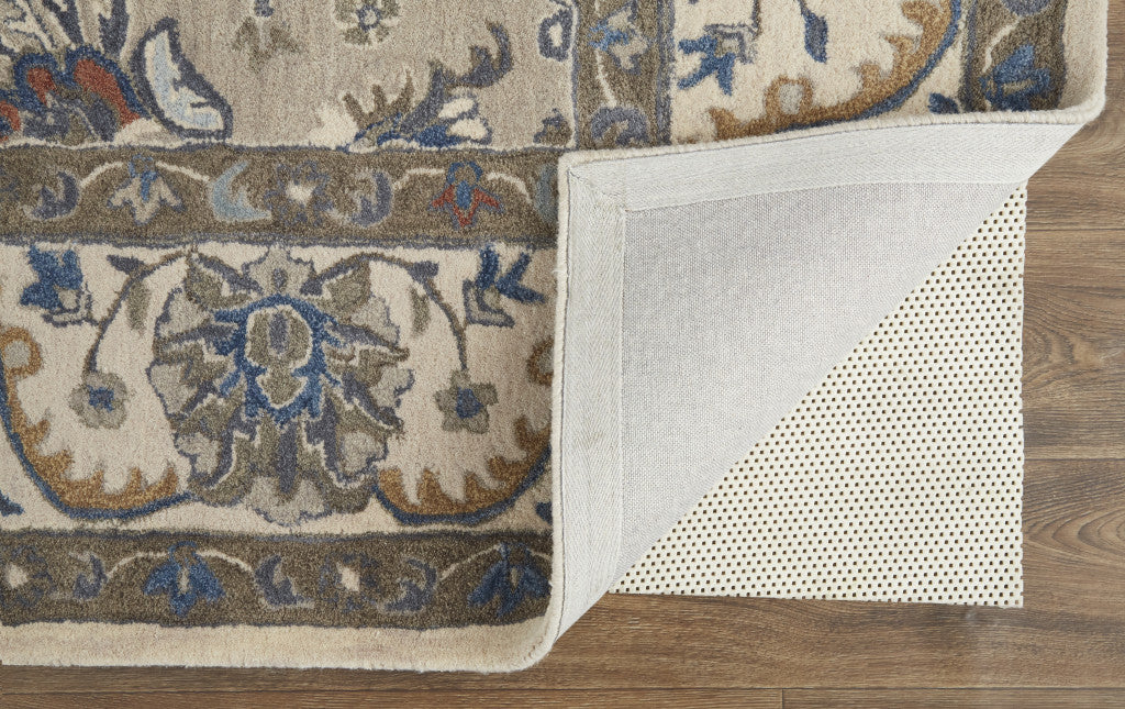 9 x 12 Taupe Ivory & Blue Wool Floral Tufted Handmade Stain Resistant Rug