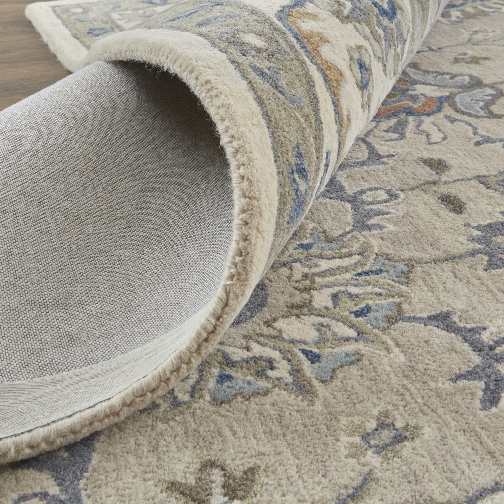 9 x 12 Taupe Ivory & Blue Wool Floral Tufted Handmade Stain Resistant Rug