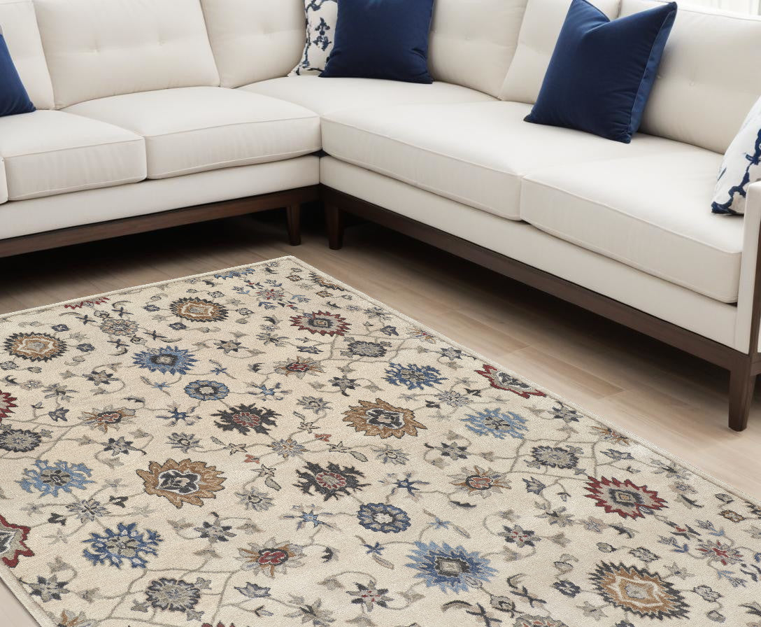 9 x 12 Ivory & Blue Wool Floral Hand Tufted Rug