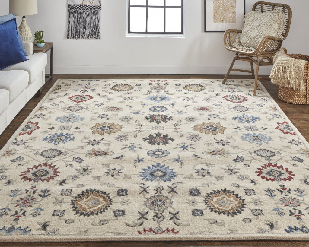 9 x 12 Ivory & Blue Wool Floral Hand Tufted Rug