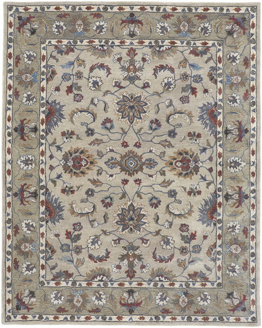 8 x 10 Ivory Taupe & Blue Wool Floral Tufted Handmade Stain Resistant Rug