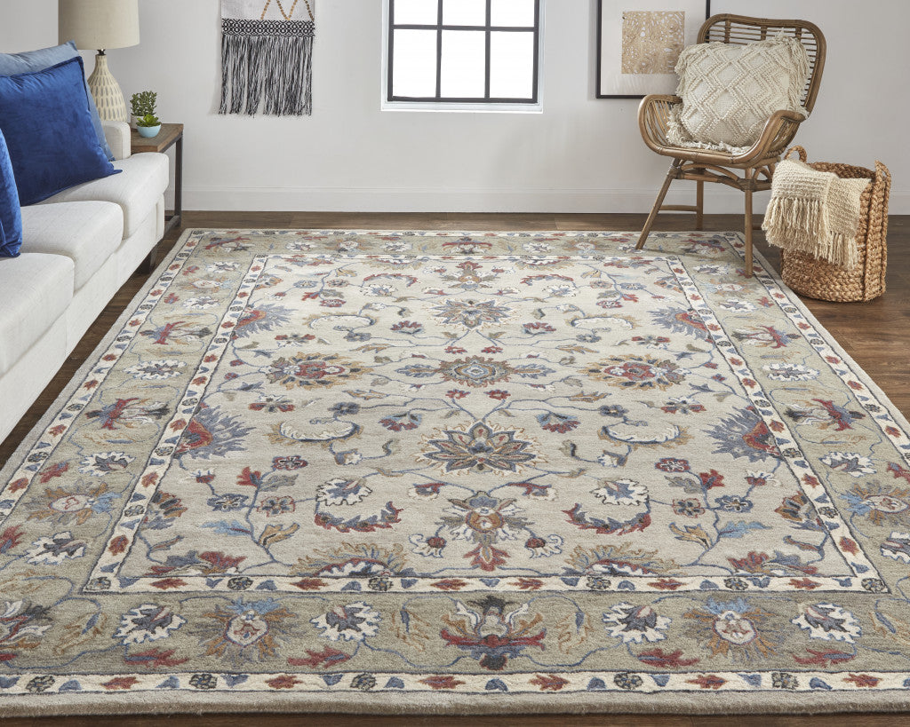 8 x 10 Ivory Taupe & Blue Wool Floral Tufted Handmade Stain Resistant Rug