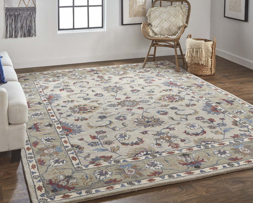 8 x 10 Ivory Taupe & Blue Wool Floral Tufted Handmade Stain Resistant Rug
