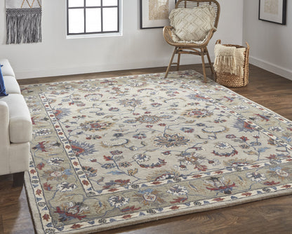 8 x 10 Ivory Taupe & Blue Wool Floral Tufted Handmade Stain Resistant Rug