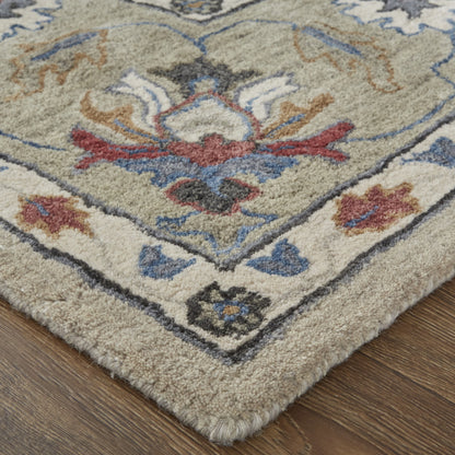 8 x 10 Ivory Taupe & Blue Wool Floral Tufted Handmade Stain Resistant Rug