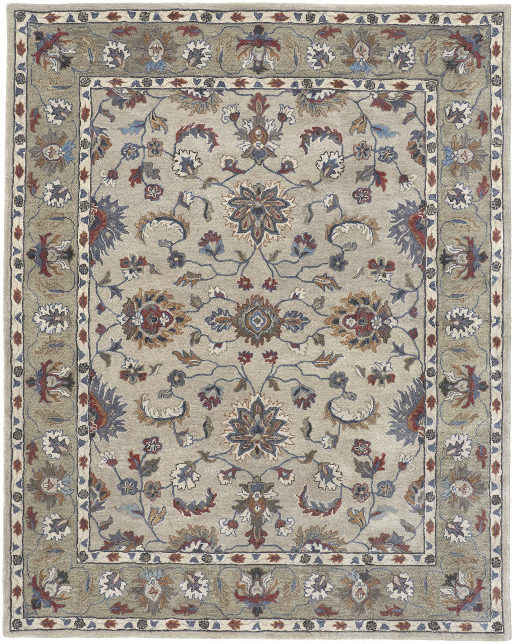 9 x 12 Ivory Taupe & Blue Wool Floral Tufted Handmade Stain Resistant Rug