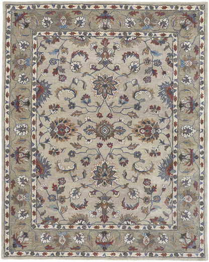 9 x 12 Ivory Taupe & Blue Wool Floral Tufted Handmade Stain Resistant Rug