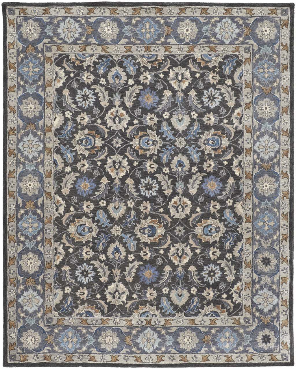 8 x 10 Taupe Blue & Ivory Wool Floral Tufted Handmade Stain Resistant Rug