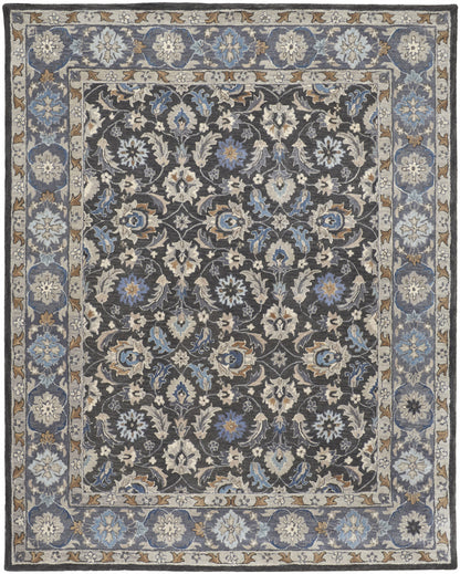 8 x 10 Taupe Blue & Ivory Wool Floral Tufted Handmade Stain Resistant Rug