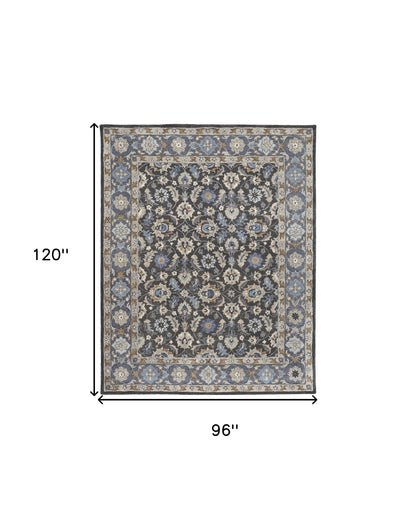 8 x 10 Taupe Blue & Ivory Wool Floral Tufted Handmade Stain Resistant Rug