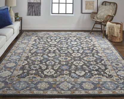 8 x 10 Taupe Blue & Ivory Wool Floral Tufted Handmade Stain Resistant Rug