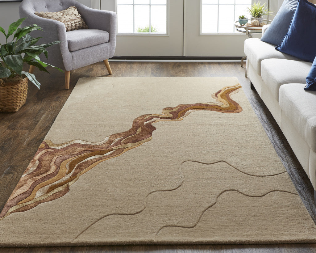 9 x 12 Tan & Orange Wool Hand Tufted Rug