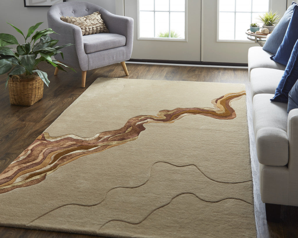 9 x 12 Tan & Orange Wool Hand Tufted Rug