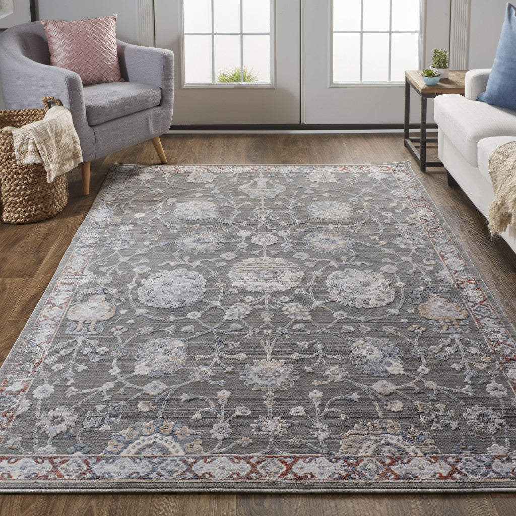 8 x 10 Gray & Ivory Floral Power Loom Rug