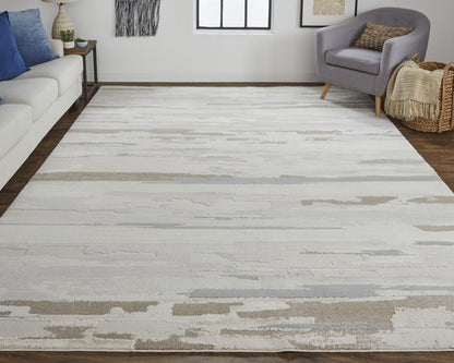 12 x 15 Ivory Tan & Brown Power Loom Distressed Stain Resistant Rug