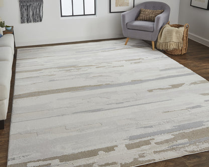 12 x 15 Ivory Tan & Brown Power Loom Distressed Stain Resistant Rug