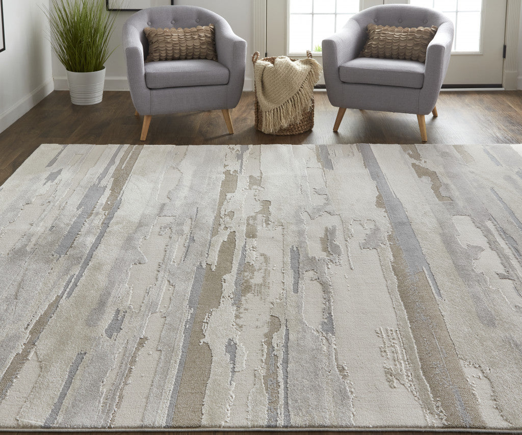 12 x 15 Ivory Tan & Brown Power Loom Distressed Stain Resistant Rug