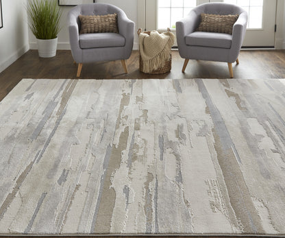 12 x 15 Ivory Tan & Brown Power Loom Distressed Stain Resistant Rug