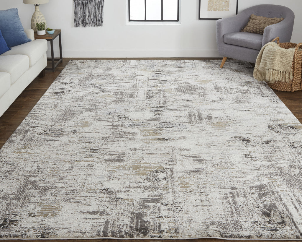 12 x 15 Ivory Gray & Brown Power Loom Distressed Stain Resistant Rug
