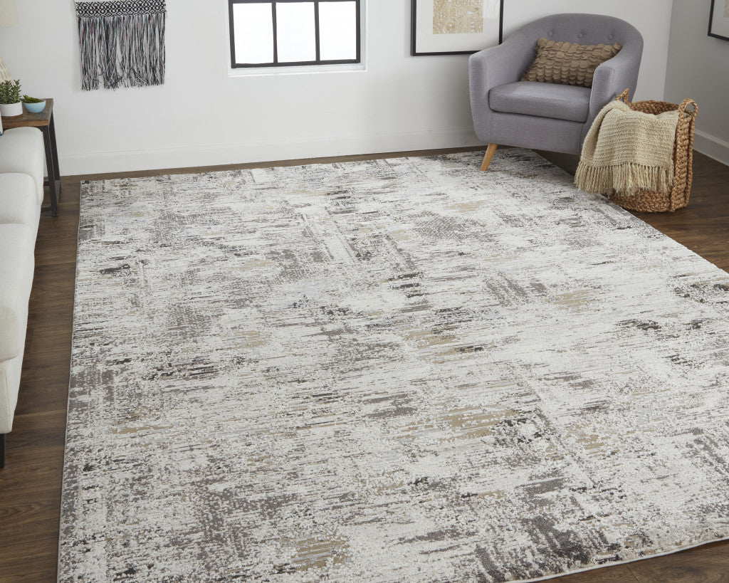 12 x 15 Ivory Gray & Brown Power Loom Distressed Stain Resistant Rug