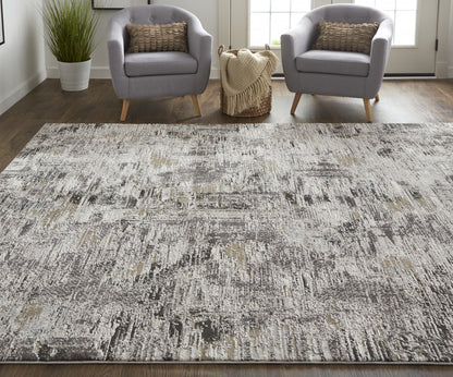 12 x 15 Ivory Gray & Brown Power Loom Distressed Stain Resistant Rug