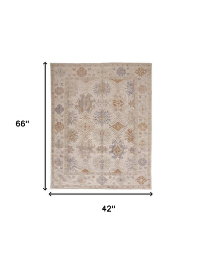 4 x 6 Ivory Tan & Blue Floral Hand Knotted Stain Resistant Rug