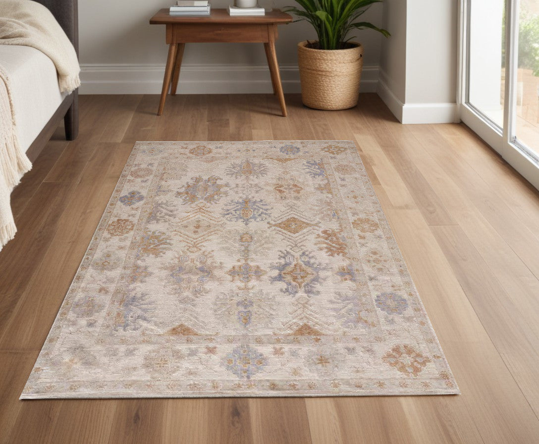4 x 6 Ivory Tan & Blue Floral Hand Knotted Stain Resistant Rug