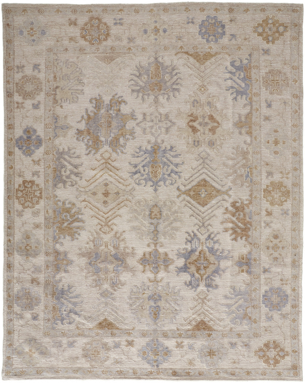 8 x 10 Ivory Tan & Blue Floral Hand Knotted Stain Resistant Rug
