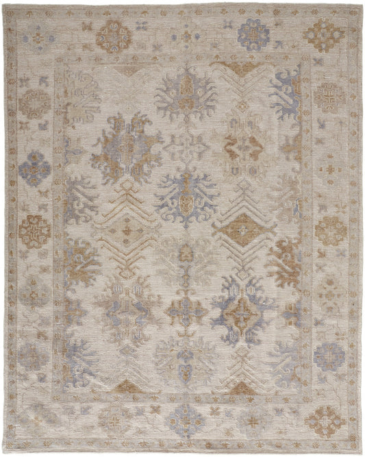 8 x 10 Ivory Tan & Blue Floral Hand Knotted Stain Resistant Rug