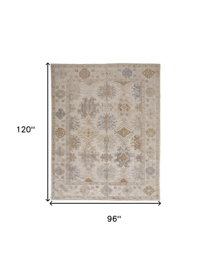 8 x 10 Ivory Tan & Blue Floral Hand Knotted Stain Resistant Rug